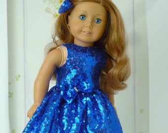 BLUE SEQUIN DRESS Hair Bow Clasp Swarovski gems handmade to fit American Girl Our Generation Dolls 18 Inch Doll Clothes