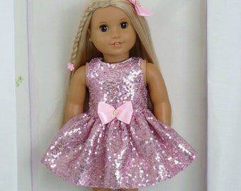 PINK SEQUIN DRESS Hair Bow Clasp Swarovski gems handmade to fit American Girl Our Generation Dolls 18 Inch Doll Clothes