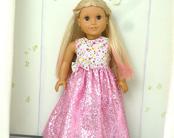 Pink Sequin Doll Dress - Floral Bodice  Hair Bow -Handmade 18 Inch Doll Clothes