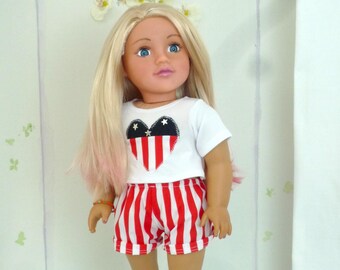 STARS STRIPES OUTFIT - Handmade Doll Clothes to fit Our Generation, American Doll - 18 Inch Doll Clothes  T Shirt Shorts Silver Sandals