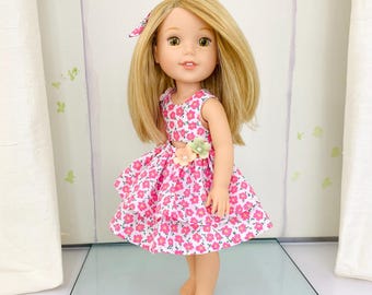 Vestido de muñeca con volantes rosas: corpiño floral, lazo - Ropa de muñeca hecha a mano de 14,5 pulgadas - Para Wellie Wishers Glitter Girls