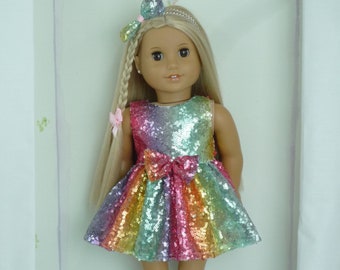 Regenbogen SEQUIN PARTY DRESS Haar Bogen Spange Swarovski Edelsteine handgemacht passen American Girl Our Generation Dollson 18-Zoll-Puppenkleidung