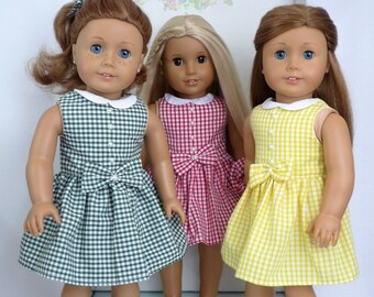 VESTITI A GINGHAM SCUOLA Estate Rosso Verde Limone Blu Rosa Viola fatti a mano per adattarsi ai vestiti per bambole da 18 pollici della nostra generazione American Girl