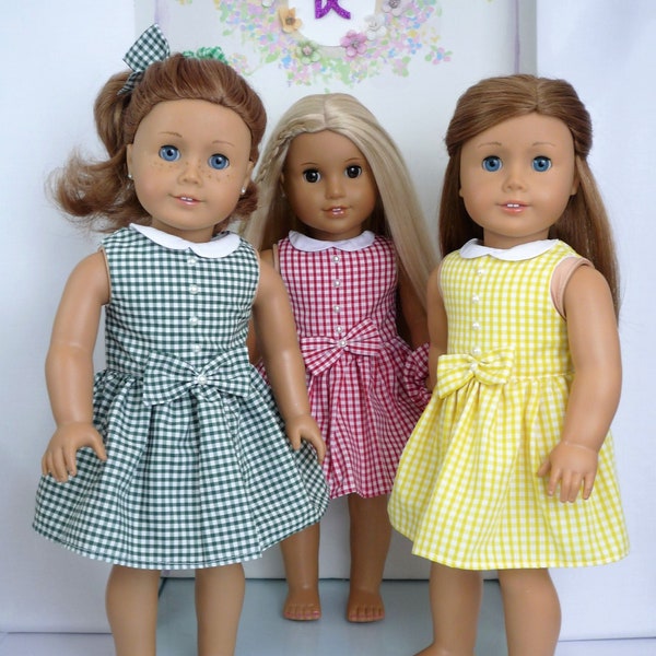 SCHOOL GINGHAM  DRESSES Summer Red Green Lemon Blue Pink Purple handmade to fit American Girl Our Generation 18 Inch Doll Clothes