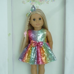 Rainbow SEQUIN PARTY DRESS Hair Bow Clasp Swarovski gems handmade to fit American Girl Our Generation Dollson 18 Inch Doll Clothes