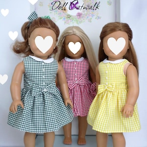 SCHOOL GINGHAM  DRESSES - Handmade Doll Clothes for 18 Inch Dolls - Our Generation American Doll  6 colors Red Green Lemon Blue Pink Purple