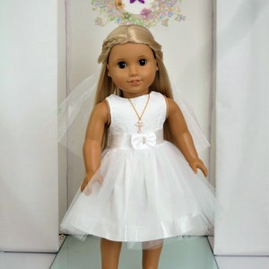 FIRST COMMUNION DRESS Lace Tulle Dress Veil Cross Pendant Necklace handmade to fit American Girl Our Generation similar size 18 Inch Doll image 3