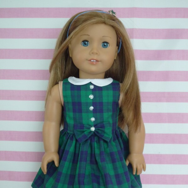 School Uniform Blue and Green Checked dress Hair Bow handmade to fit American Girl Our Generation similar size 18 Inch Doll