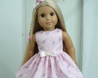 PINK BUNNY Party Dress matching Bunny Bow Hair Clasp  handmade to fit American Girl Our Generation similar size 18 Inch Doll Clothes