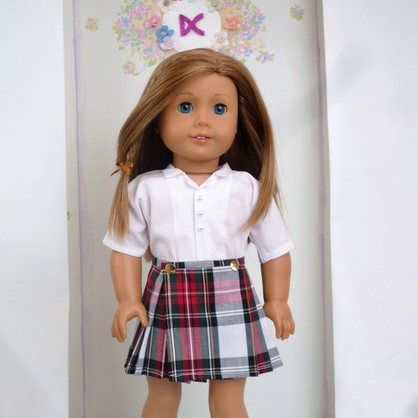 School Uniform Red Tartan Check Skirt Kilt White Blouse handmade to fit American Girl Our Generation similar size 18 Inch Doll
