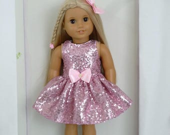 Handmade Pink Sequin Party Dress with Bow for 18 Inch Dolls