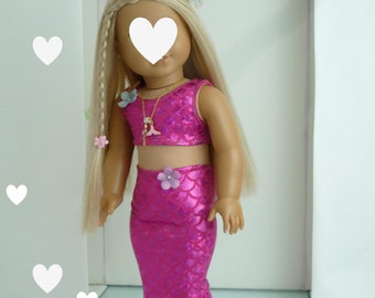 Pink Mermaid Doll Outfit: Handmade Crop Top, Skirt & Necklace for 18&quot; Dolls