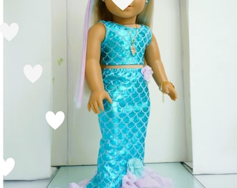 BLUE MERMAID OUTFIT - Handmade Doll Clothes for 18 Inch Dolls - Crop Top Fishtail Skirt Necklace Bracelet Hairband Extensions