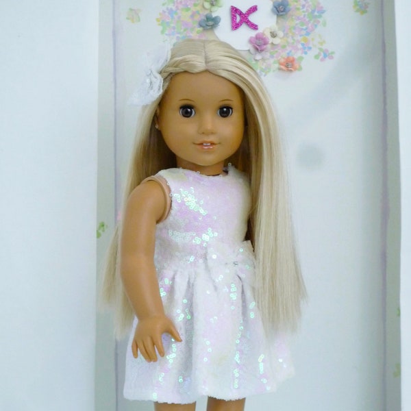 WHITE IRIDESCENT SEQUIN Hair Bow Clasp Swarovski gems handmade to fit American Girl Our Generation Dolls 18 Inch Doll Clothes