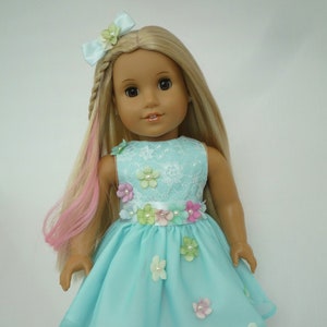 Turquoise Chiffon FLOWER FAIRY DRESS Hair Bow Ankle flowers Handmade to fit American Girl Our Generation similar size 18 Inch Doll