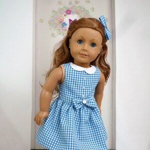 Teal Turquoise SCHOOL DRESS  Gingham Dress Hair Bow Handmade to fit American Girl Our Generation Dolls 18 inch doll clothes