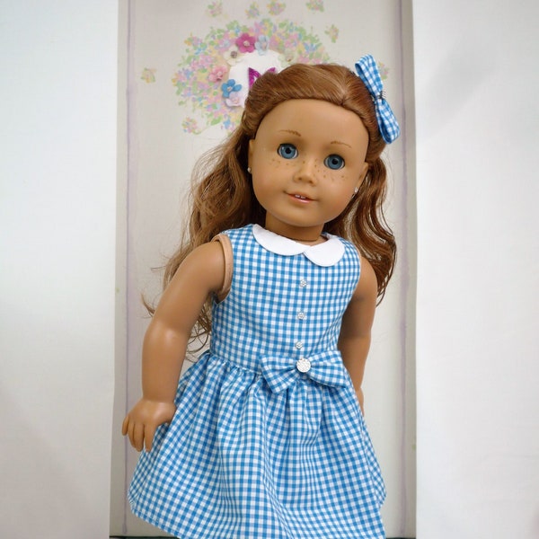 Teal Turquoise SCHOOL DRESS Vichy Dress Hair Bow Handmade to fit American Girl Our Generation Dolls 18 pouces poupée vêtements