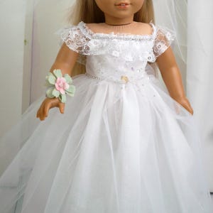 ウェディングドレス衣装 - 18インチ人形用手作り人形服 - Our Generation American Doll ホワイトレースチュールウェディングドレスベールコサージュ