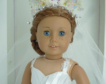 WEDDING DRESS White Satin and Lace Dress Diamante Tiara Veil Bouquet handmade to fit American Girl Our Generation similar size 18 Inch Doll