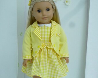 SCHOOL UNIFORM Yellow Blazer Gingham School Dress Bow Hair Clasp handmade to fit American Girl Our Generation similar size 18 Inch Doll