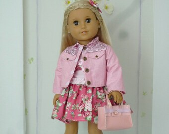 PINK JACKE OUTFIT Rosa Jacke Bunny Top Floral Rock Handtasche Haarschleife handgefertigt, um American Girl Our Generation 18-Zoll-Puppenkleidung zu passen