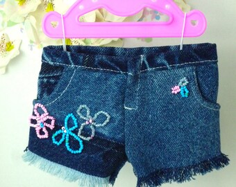 Handmade Denim Shorts Outfit: Beaded Doll Clothes for 18 Inch Dolls