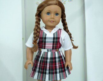 School Uniform Check Pinafore Blouse hair bow handmade to fit American Girl Our Generation similar size 18 Inch Doll