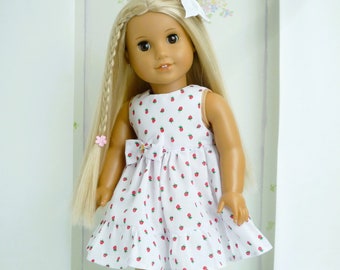 White  Strawberry Party Dress White Bow Hair Clasp Handmade to fit American Girl Our Generation similar size 18 Inch Doll