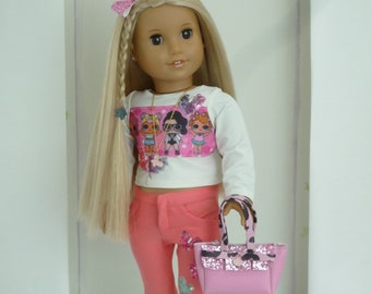 Pink Jeans LOL Style Top Butterfly Necklace Pink Glitter Handbag Hair Bow Handmade to fit American Girl Our Generation 18 Inch Doll Clothes