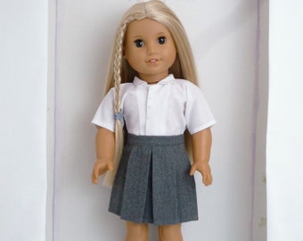 School Uniform Grey Pleated Skirt White Blouse  handmade to fit American Girl Our Generation similar size 18 Inch Doll