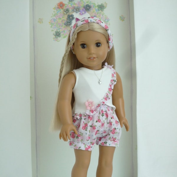 SUMMER SHORTS OUTFIT Top Shorts Necklace Hairband Handmade to fit American Girl Our Generation similar size 18 Inch Doll