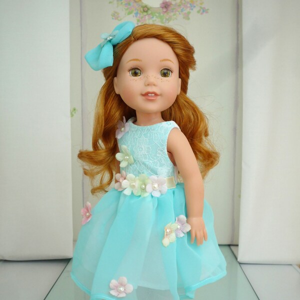 Turquoise Chiffon Flower Party Dress Hair Bow Ankle flowers handmade to fit Wellie Wishers Glitter Girls  similar size 14.5 Inch Doll