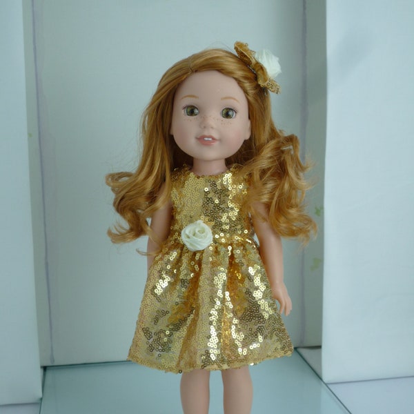 Gold Sequin Party Dress Flower Hair Clip handmade to fit Wellie Wishers Glitter Girls 14.5 Inch Doll