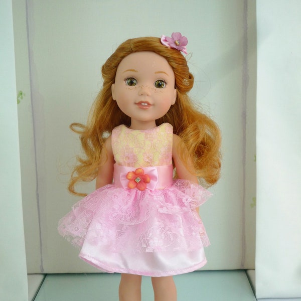 Pink Lace Flower Party Dress Hair Bow Ankle flowers handmade to fit Wellie Wishers Glitter Girls similar size 14 Inch Doll