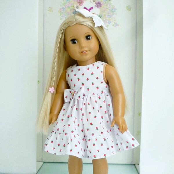 White  Strawberry Party Dress White Bow Hair Clasp Handmade to fit American Girl Our Generation similar size 18 Inch Doll