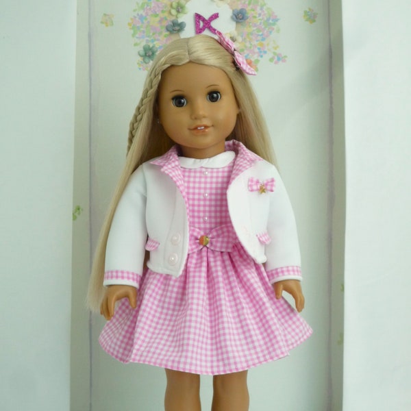 SCHOOL UNIFORM White Blazer Pink Gingham School Dress Bow Hair Clasp handmade to fit American Girl Our Generation similar size 18 Inch Doll