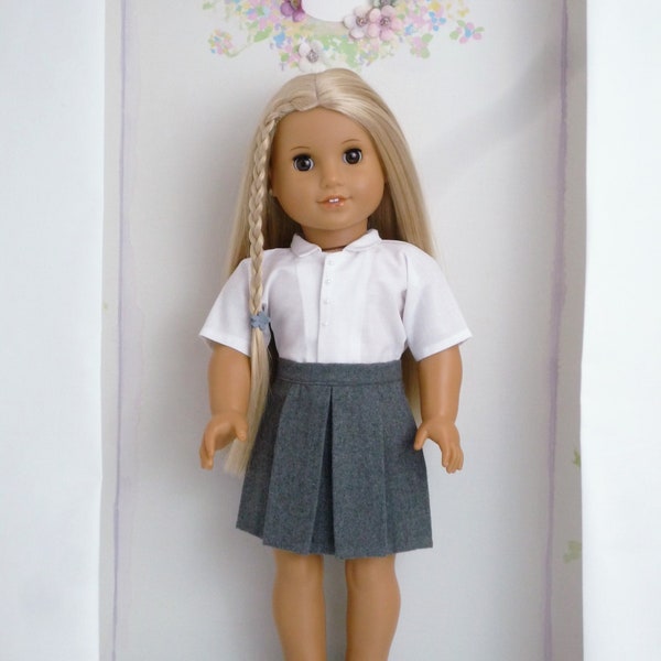 School Uniform Grey Pleated Skirt White Blouse  handmade to fit American Girl Our Generation similar size 18 Inch Doll