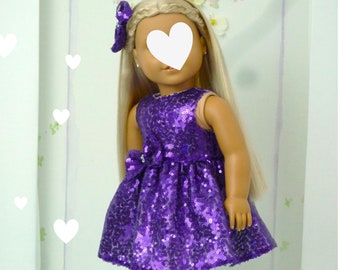 Purple Sequin Doll Dress with Bow: Handmade 18 Inch Dolls Clothes