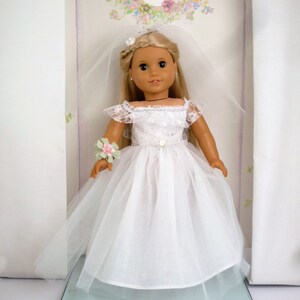 White Lace and Tulle Wedding Dress Veil and Flower Corsage  handmade to fit American Girl Our Generation similar size 18 Inch Doll