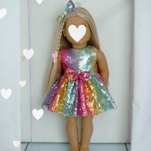 Rainbow Sequin Party Dress with Hair Bow for 18 Inch Dolls