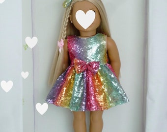 Rainbow Sequin Party Dress with Hair Bow for 18 Inch Dolls
