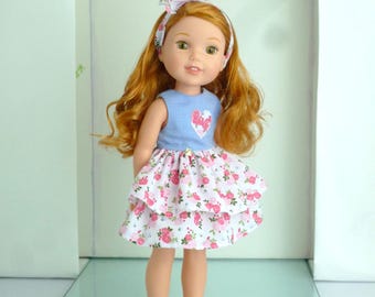 Vestido floral y lazo hechos a mano para muñecas de 14,5"