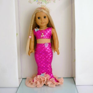 PINK MERMAID OUTFIT Crop Top Fishtail Skirt Necklace Hairband Handmade to fit American Girl Our Generation 18 Inch Doll Clothes