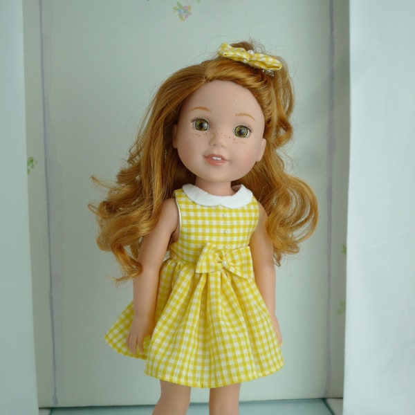 YELLOW Gingham School Dress Bow Hair Clasp handmade to fit Wellie Wisher Glitter Girls 14 Inch Doll Clothes