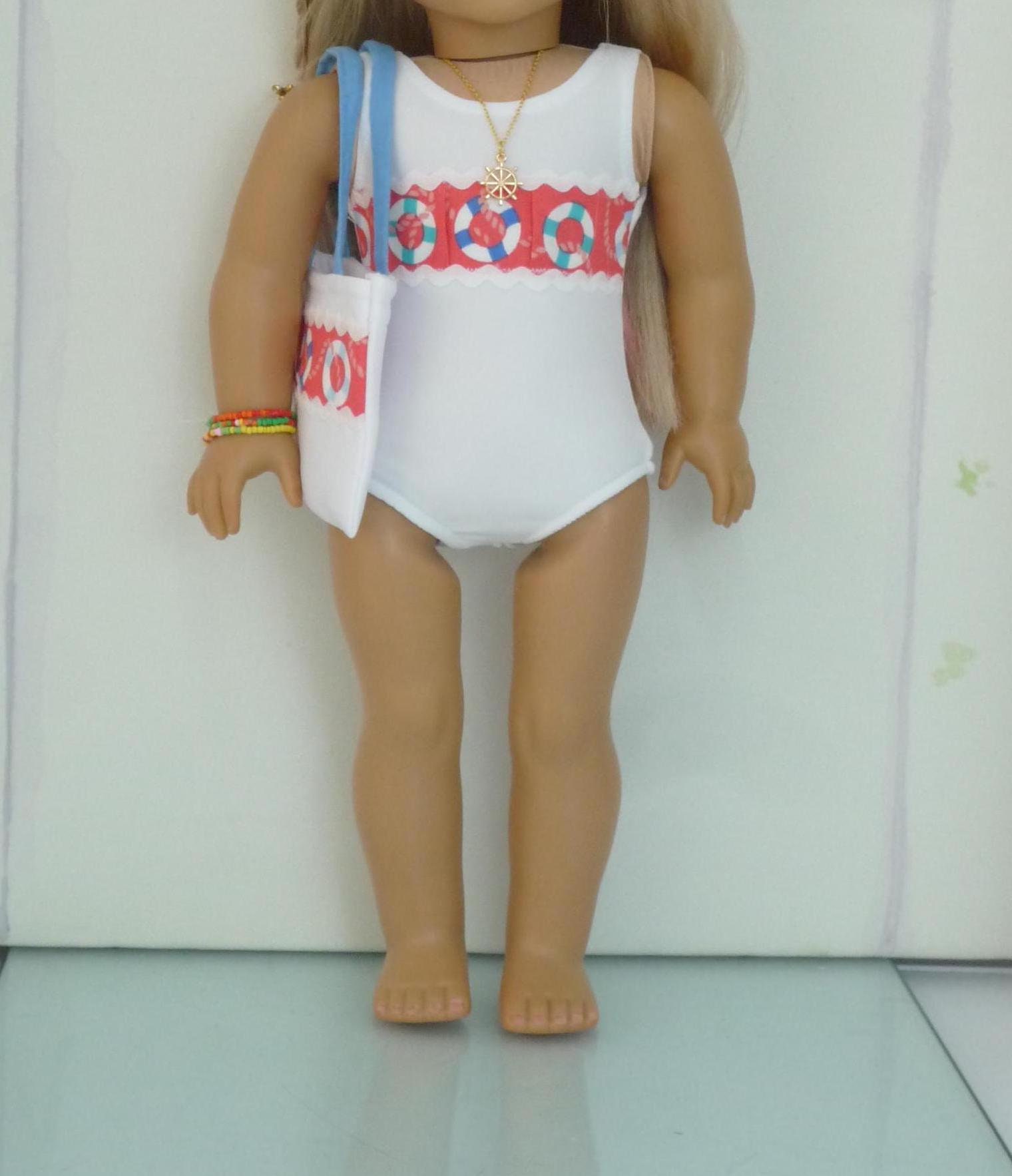 Handmade Sailor Swimsuit Outfit: 18 Inch Doll Clothes, Beach Bag & Necklace