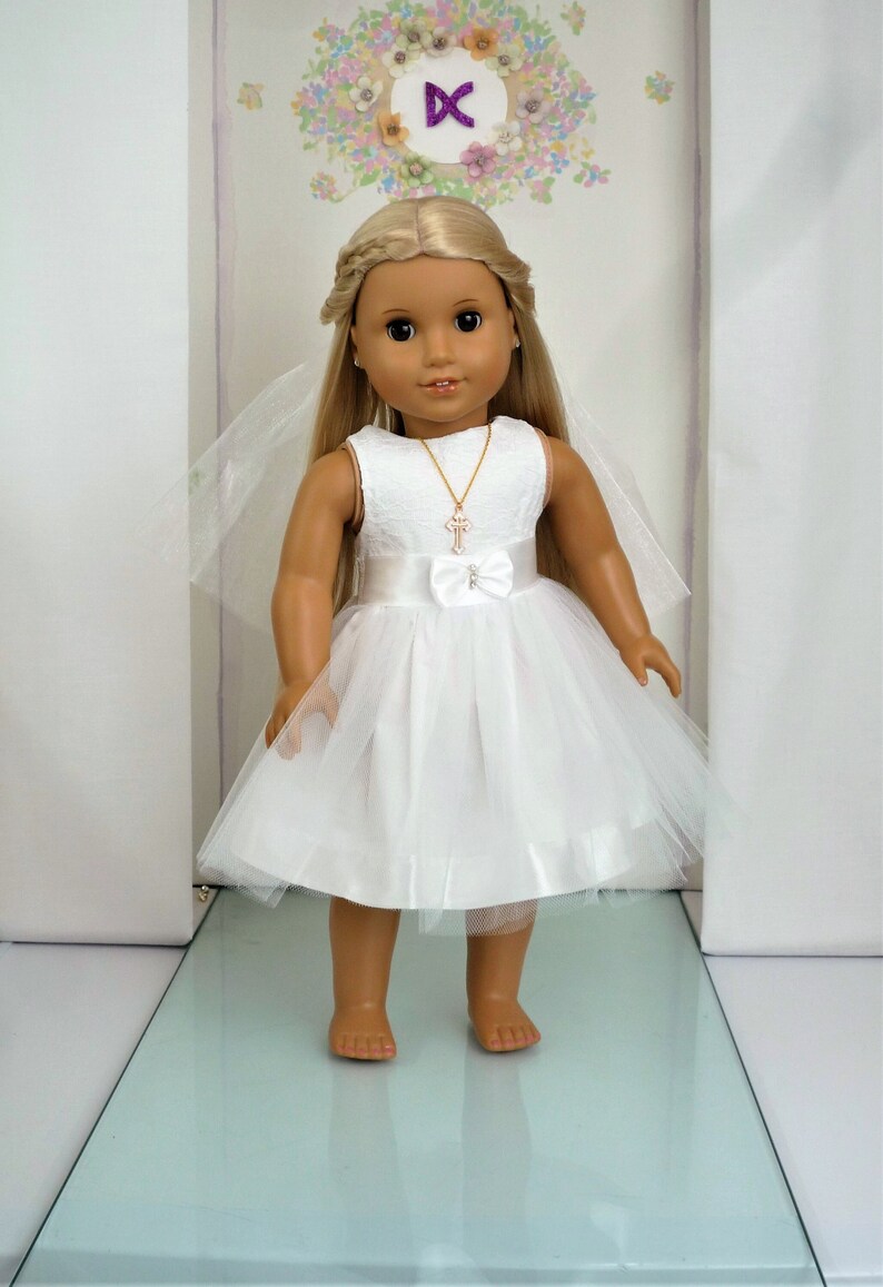 FIRST COMMUNION DRESS Lace Tulle Dress Veil Cross Pendant Necklace handmade to fit American Girl Our Generation similar size 18 Inch Doll image 3