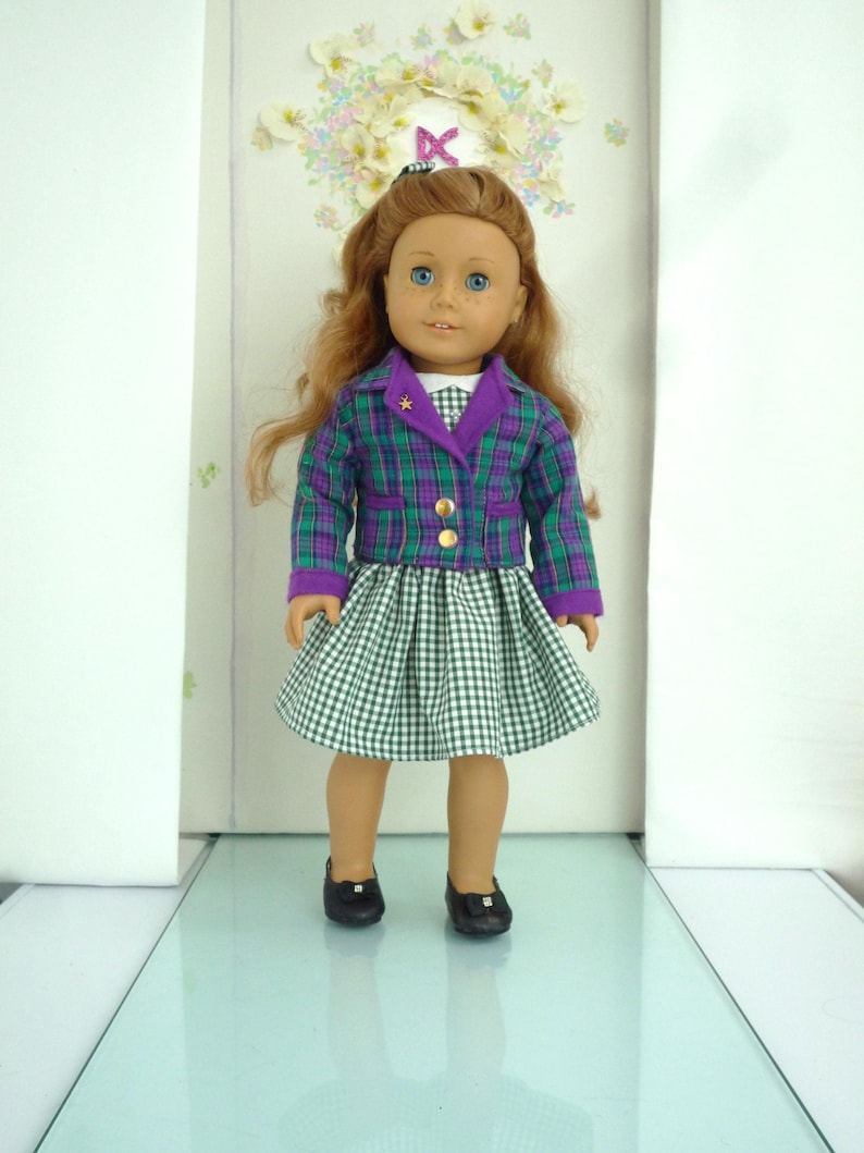 Doll School Uniform: Check Blazer, Gingham Dress, Bow Clip - Handmade18 Inch Dolls Clothes image 1