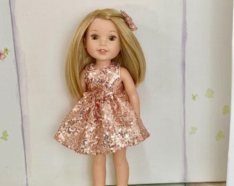 Vestido de muñeca con lentejuelas de oro rosa hecho a mano y lazo para el cabello: apto para muñecas de 14.5"