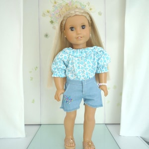 Denim Shorts Outfit for 18 Inch Dolls: Handmade Beaded Flower Design