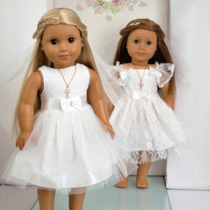 FIRST COMMUNION DRESS Lace Tulle Dress Veil Cross Pendant Necklace handmade to fit American Girl Our Generation similar size 18 Inch Doll image 8